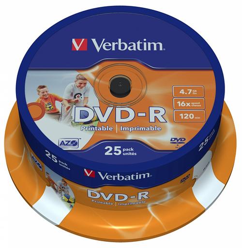 Диск DVD-R Verbatim 4.7Gb 16x Cake Box (25шт) Printable (43538) фото 1