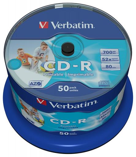 Диск CD-R Verbatim 700Mb 52x Cake Box (50шт) Printable (43438) фото 1