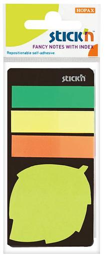 Блок самоклеящийся бумажный Stick`n 21476 44x44мм 20лист. 70г/м2 неон зеленый вырубной "листок" с пластиковыми закладками 12x45мм 3цв. европодвес фото 1