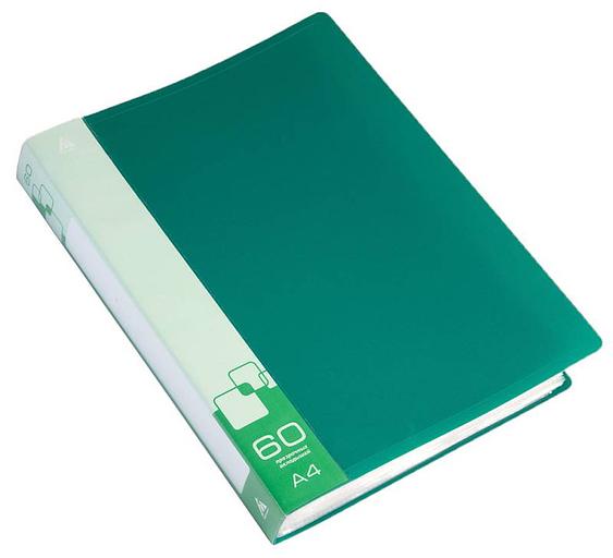 Папка с 60 прозр.вклад. Бюрократ -BPV60GRN A4 пластик 0.7мм торц.карм с бум. встав зеленый фото 1