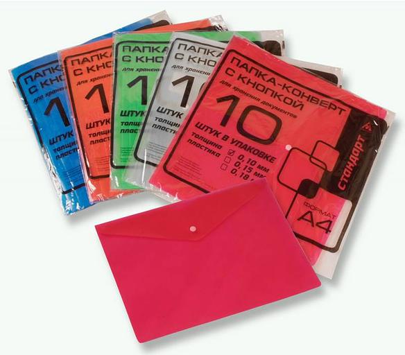 Конверт на кнопке Бюрократ Economy -PK100A A4 тисненый пластик 0.10мм ассорти фото 1