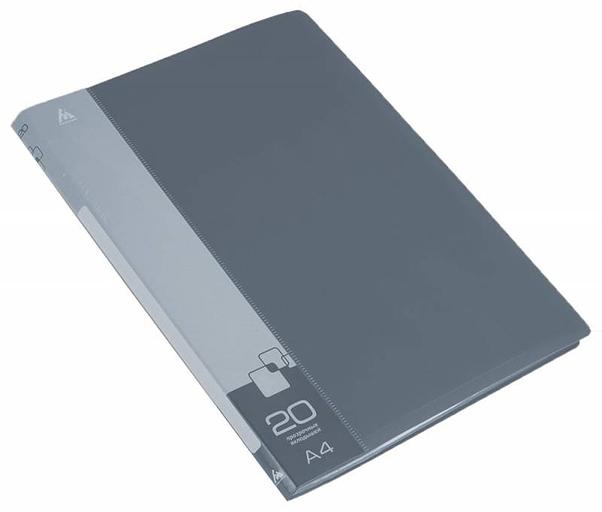 Папка с 20 прозр.вклад. Бюрократ -BPV20GREY A4 пластик 0.6мм торц.карм с бум. встав серый фото 1