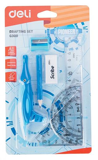 Набор для чертежей Deli EG30001 пластик в компл.:линейка/транспортир/2 угольника/карандаш/ластик/точилка/циркуль фото 1