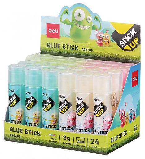 Клей-карандаш Deli EA20700 8гр корп.ассорти/прозрачный дисплей картонный детский Stick UP фото 1