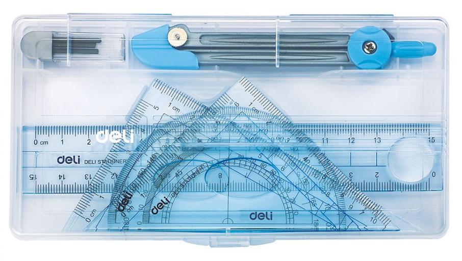 Готовальня Deli E9609 в компл.:линейка 15см/прямоуг. треуг 10см/равнобер. треуг 10см/транспортир/циркуль/стержни ч/г фото 1