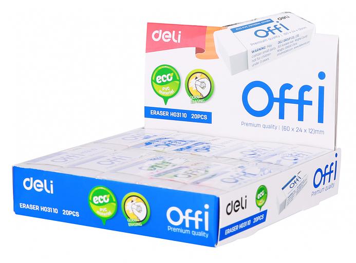 Ластик Deli EH03110 Offi 60x24x12мм ПВХ белый индивидуальная картонная упаковка фото 1