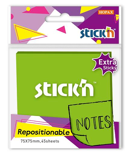 Блок самоклеящийся бумажный Stick`n 27097 76x76мм 45лист. зеленый неон 1цв.в упак. усиленный клей фото 1
