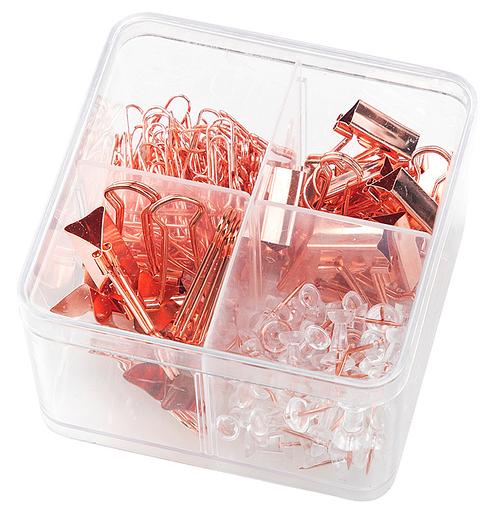 Набор мелкоофисный Deli 78551 гвоздики 50шт скрепки 100шт золотистый металл пластиковая туба фото 1