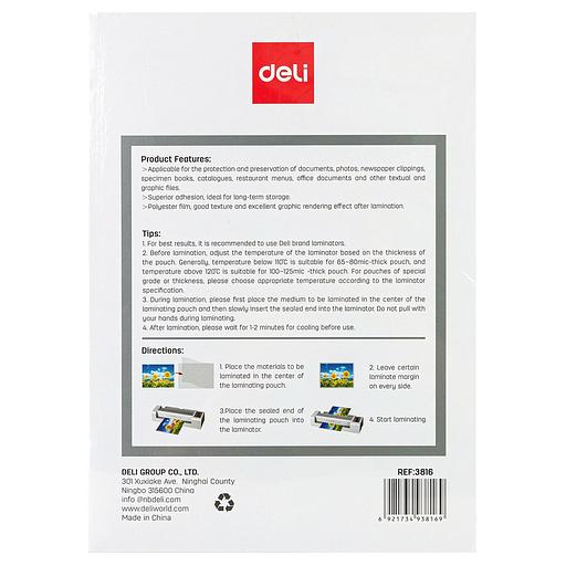 Пленка для ламинирования Deli 80мкм A4 (100шт) глянцевая 216x303мм E3816 фото 4