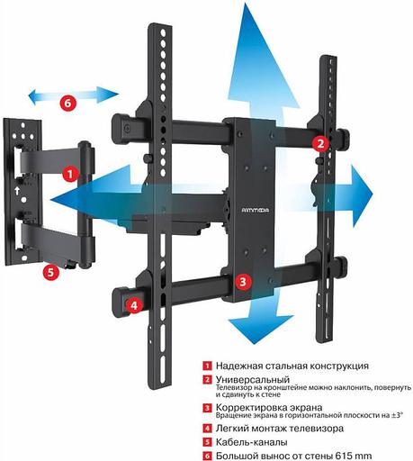 Кронштейн для телевизора Arm Media PARAMOUNT-40 черный 26"-65" макс.50кг настенный поворот и наклон фото 2