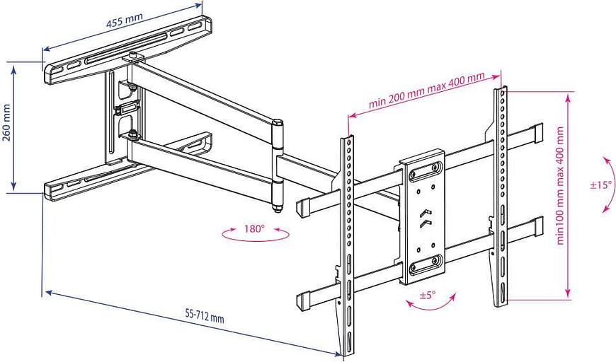 Кронштейн для телевизора Kromax DIX-20 черный 22"-65" макс.45кг настенный поворотно-выдвижной и наклонный фото 2