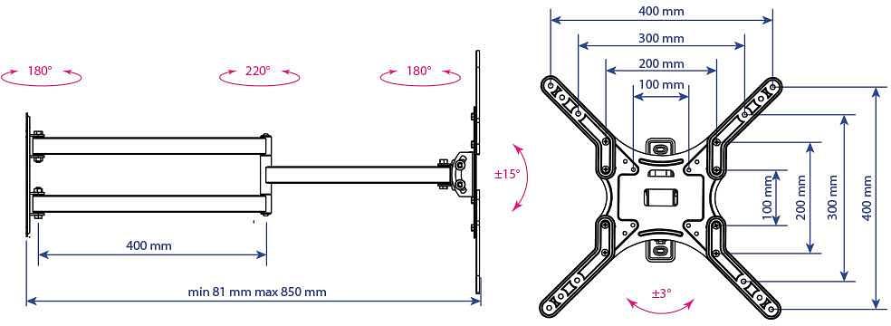 Кронштейн для телевизора Kromax DIX-25 черный 24"-55" макс.20кг настенный поворотно-выдвижной и наклонный фото 4