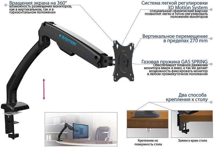 Кронштейн для мониторов ЖК Kromax OFFICE-8 черный 15"-32" макс.8кг настольный поворот и наклон верт.перемещ. фото 3