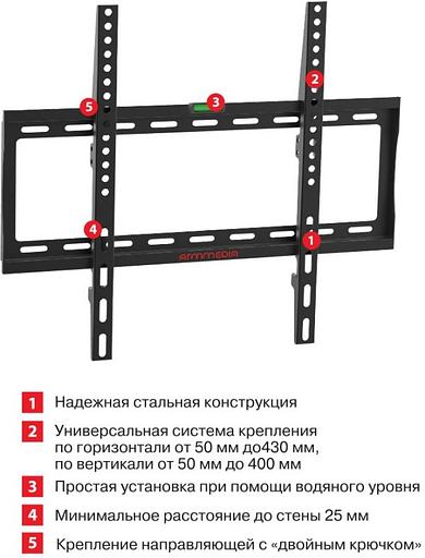Кронштейн для телевизора Arm Media STEEL-3 new черный 22"-65" макс.50кг настенный фиксированный фото 3