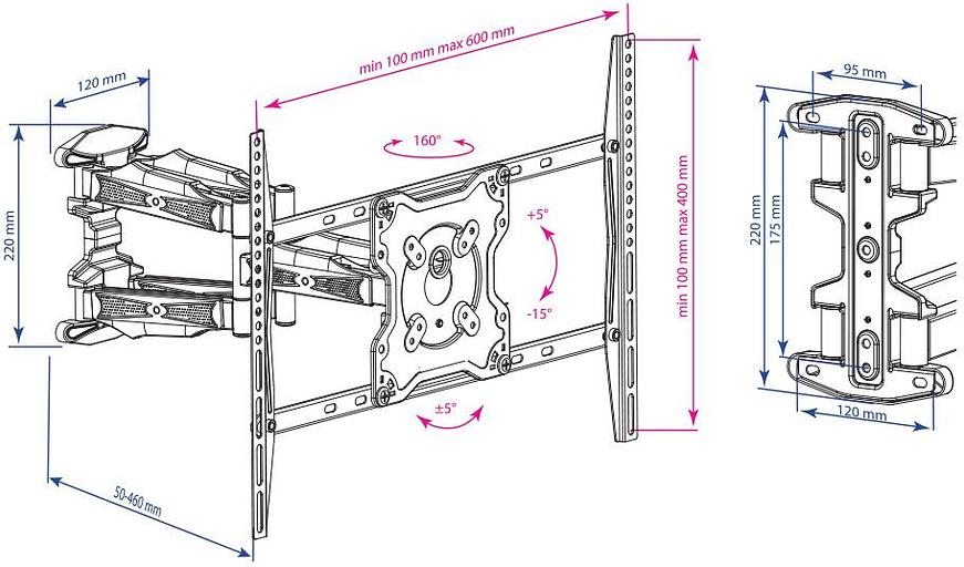 Кронштейн для телевизора Kromax ATLANTIS-46 серый 22"-65" макс.45кг настенный поворотно-выдвижной и наклонный фото 5
