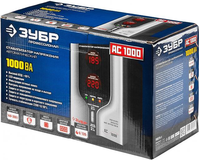 Стабилизатор напряжения Зубр АС 1000 электронный однофазный серый фото 5
