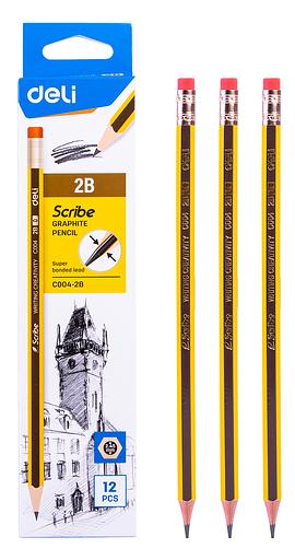Карандаш чернографит. Deli EC004-2B 2B шестигран. ластик коробка картонная (12шт) фото 1
