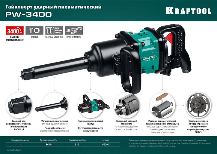 Гайковерт Kraftool PW-3400 312л/мин зеленый/черный фото 7
