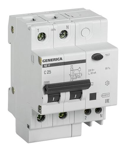 Выключатель автом. дифф. тока IEK АД12 Generica MAD15-2-025-C-030 25A тип C 4.5kA 30мА AC 2П 230В 4мод серый (упак.:1шт) фото 1