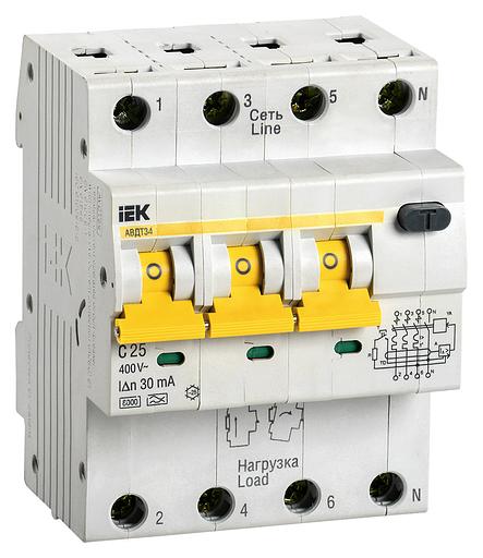 Выключатель автом. дифф. тока IEK АВДТ 34 MAD22-6-025-C-30 25A тип C 6kA 30мА A 4П 400В 4мод белый (упак.:1шт) фото 1