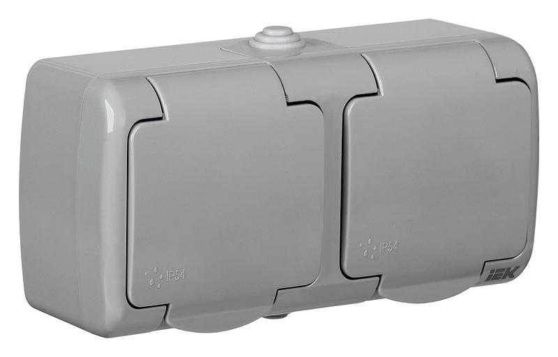 Розетка силовая (2розет.) IEK AQUATIC (ERA22-K03-16-54) откр. зазем. крыш. IP54 серый (упак.:1шт) фото 1