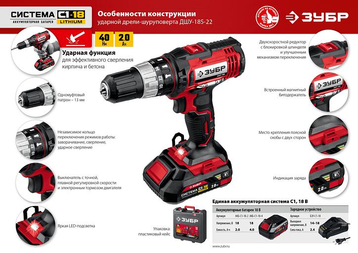 Дрель-шуруповерт Зубр ДШУ-185-22 аккум. патрон:быстрозажимной (кейс в комплекте) фото 7