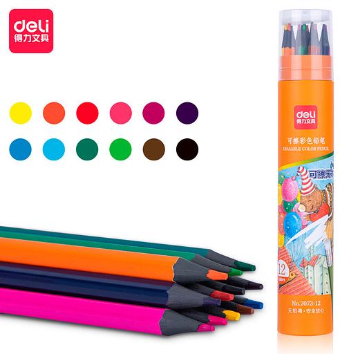 Карандаши цв. Deli 7073-12 пластик 12цв. туба пл. ластик фото 1