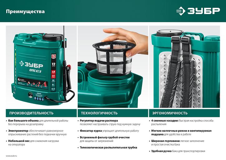 Опрыскиватель Зубр ОПС-12 аккум. ранц. 12л зеленый фото 3