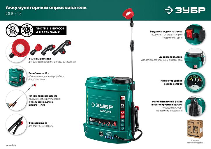 Опрыскиватель Зубр ОПС-12 аккум. ранц. 12л зеленый фото 5