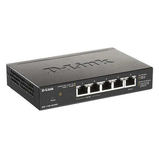 Коммутатор D-Link DGS-1100-05PDV2/A1A, L2 Smart Switch with 4 10/100/1000Base-T ports and 1 10/100/1000Base-T PD port(2 PoE ports 802.3af (15,4 W), PoE Budget 18W from 802.3at / 8W from 802.3af).2K Mac address, (DGS-1100-05PDV2/A1A) фото 1