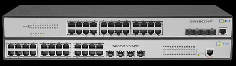 Управляемый гигабитный POE коммутатор уровня 2, 24 порта 10/100/1000Base-T с поддержкой PoE, 4 порта 100/1000BASE-X (SFP), бюджет POE 370W (SNR-S2982G-24T-POE-E) фото 1