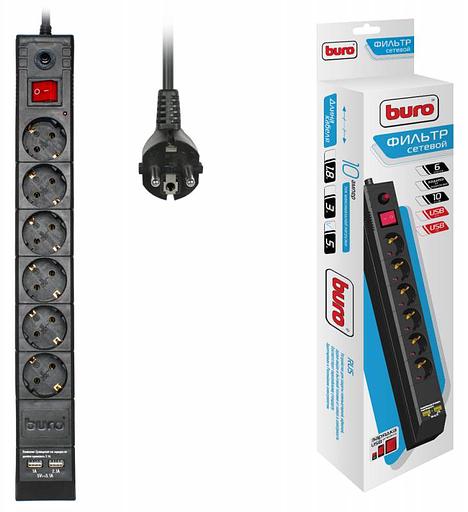 Сетевой фильтр Buro BU-SP5_USB_2A-B 5м (6 розеток) черный (коробка) фото 1