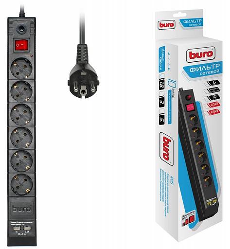 Сетевой фильтр Buro BU-SP1.8_USB_2A-B 1.8м (6 розеток) черный (коробка) фото 1