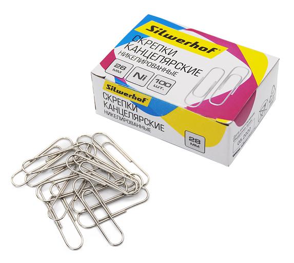 Скрепки Silwerhof 194041 никель 28мм (упак.:100шт) картонная коробка фото 1