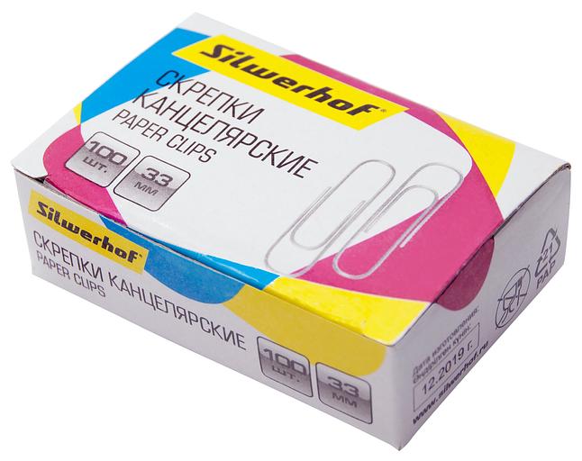 Скрепки Silwerhof 491038 металл оцинкованные 33мм (упак.:100шт) картонная коробка фото 3