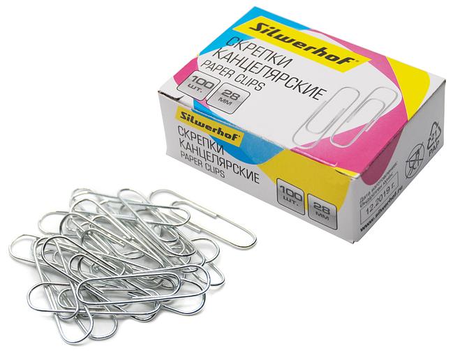 Скрепки Silwerhof 491029 металл оцинкованные 28мм (упак.:100шт) картонная коробка фото 1