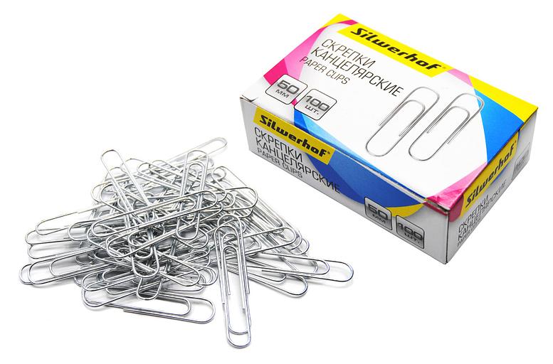 Скрепки Silwerhof 491037 металл оцинкованные 50мм (упак.:100шт) картонная коробка фото 1