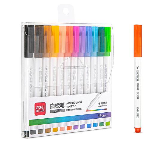 Набор маркеров для досок Deli S506 круглый пиш. наконечник 12цв. ассорти пакет с европодвесом (12шт.) фото 5