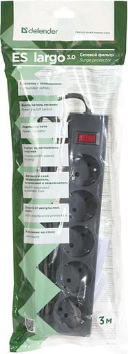Сетевой фильтр Defender ES largo 3,0 м, черный, 5 розеток (пакет) Defender ES largo (3 м, 5 розеток) (99498) фото 1