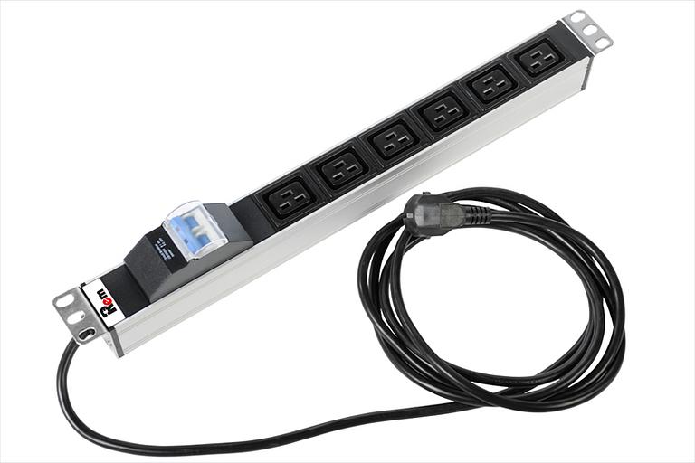 Блок розеток Rem-16 с авт. 16А, 6 IEC 60320 C19, 16A, алюм., 19", шнур 3 м. (R-16-6C19-A-440-3) фото 1