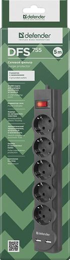 Сетевой фильтр Defender DFS 755 5,0 м, 5 розеток, 2xUSB, 2.1A Defender DFS 755 (5 м, 5 розеток) (99755) фото 1