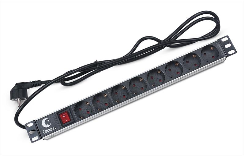 Cabeus PDU-8P-2EU Блок евророзеток для 19" шкафов, горизонтальный, 8 розеток, 16 A, выключатель, шнур 2м, алюминиевый корпус, немецкий стандарт (PDU-8P-2EU) фото 1