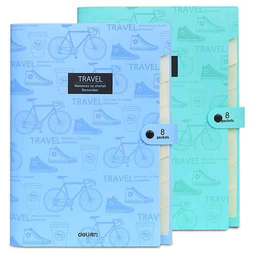 Папка-портфель Deli 5737 на кнопке 8 отдел. A4 пластик ассорти фото 1