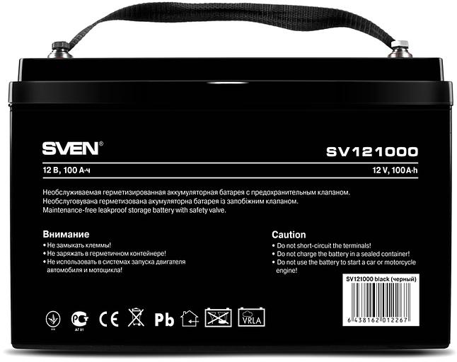 Батарея SVEN SV 121000 (12V 100Ah), напряжение 12В, емкость 100А*ч, макс. ток разряда 1000А, макс. ток заряда 30А, свинцово-кислотная типа AGM, тип клемм B5, Д/Ш/В 307/168/211мм, 30кг Sven SV-012267 фото 1