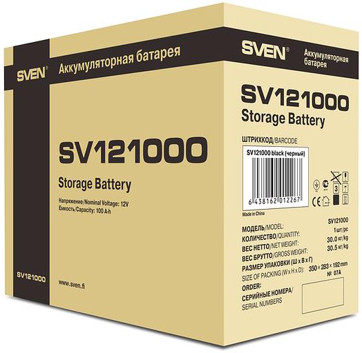 Батарея SVEN SV 121000 (12V 100Ah), напряжение 12В, емкость 100А*ч, макс. ток разряда 1000А, макс. ток заряда 30А, свинцово-кислотная типа AGM, тип клемм B5, Д/Ш/В 307/168/211мм, 30кг Sven SV-012267 фото 6