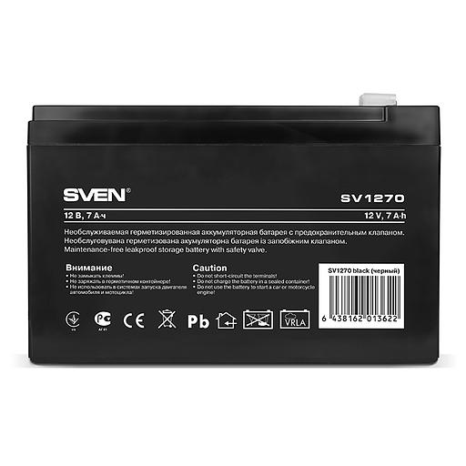 Батарея SVEN SV 1270 (12V 7Ah), напряжение 12В, емкость 7А*ч, макс. ток разряда 105А, макс. ток заряда 2.1А, свинцово-кислотная типа AGM, тип клемм F2, Д/Ш/В 151/65/94 мм, 2.1кг Sven SV1270 (SV-0222007) фото 2
