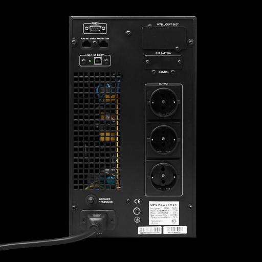 ИБП POWERMAN Online 2000, LCD, двойного преобразования, 2000ВА, 1800Вт, 3 евророзетки с резервным питанием, USB, RS232, слот SNMP, разъем EPO, батарея 12В 9Ач 4 шт., 215 х 315 х 475 мм., 18.5 кг. Powerman Online 2000 фото 3