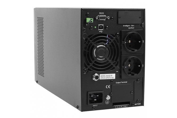 ИБП POWERMAN Online 3000, LCD, двойного преобразования, 3000ВА, 2700Вт, 2 евророзетки с резервным питанием, USB, RS232, слот SNMP, разъем EPO, внешний блок батарей (в комплект не входит), 215 х 315 х 475 мм., 8.9 кг. Powerman Online 3000 Plus фото 3