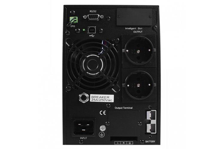 ИБП POWERMAN Online 3000, LCD, двойного преобразования, 3000ВА, 2700Вт, 2 евророзетки с резервным питанием, USB, RS232, слот SNMP, разъем EPO, внешний блок батарей (в комплект не входит), 215 х 315 х 475 мм., 8.9 кг. Powerman Online 3000 Plus фото 4