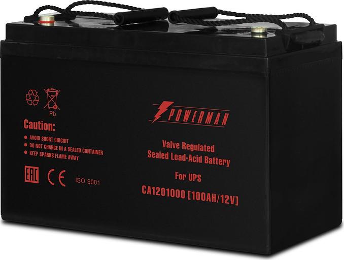 Батарея POWERMAN Battery CA121000, напряжение 12В, емкость 100Ач, макс. ток разряда 800А, макс. ток заряда 30А, свинцово-кислотная типа AGM, тип клемм М2, Д/Ш/В 329/172/215, 27.7 кг. Powerman CA121000/UPS (POWERMAN Battery 12V/100AH) фото 1